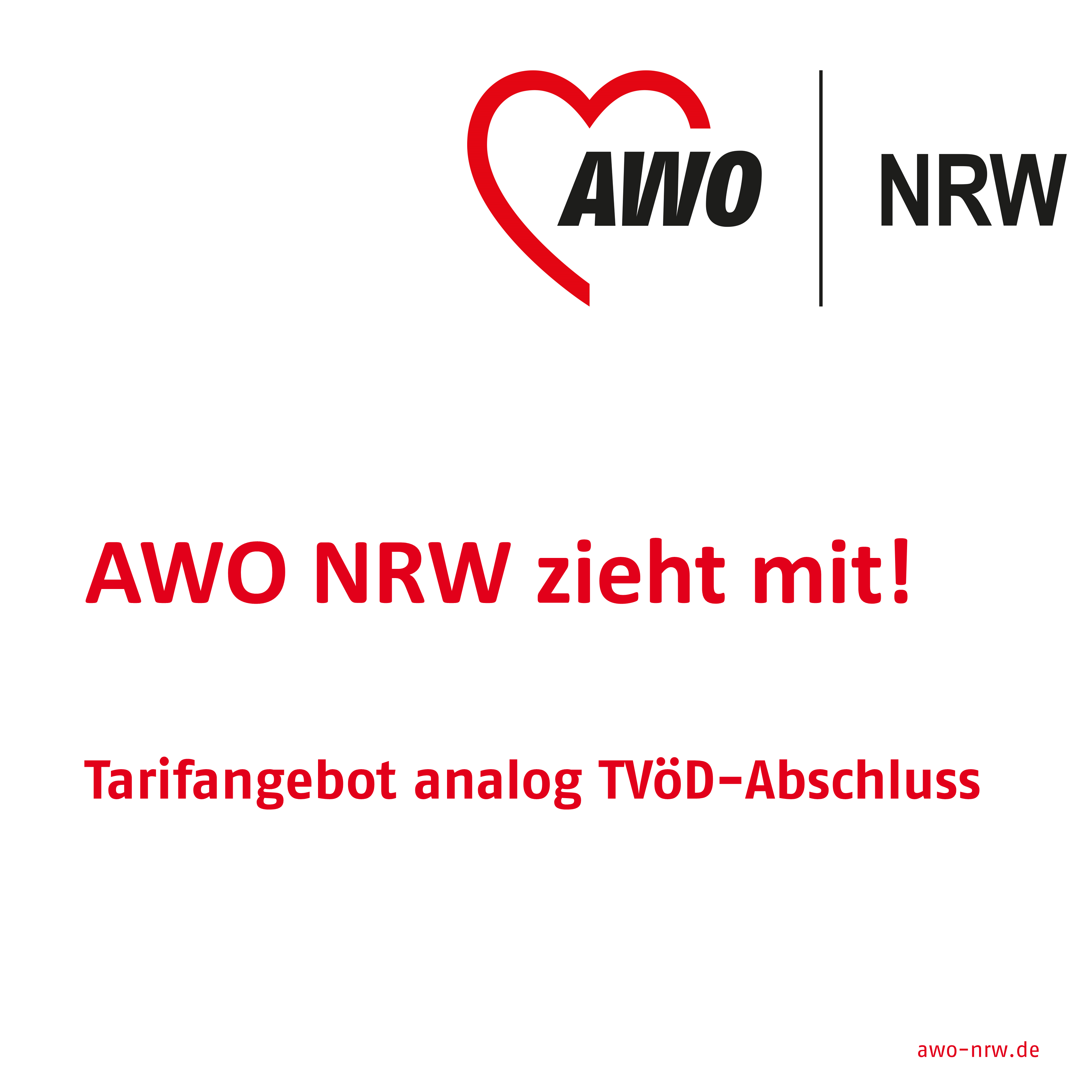 Weißes Feld mit Logo AWO NRW und Text in roter Schrift AWO NRW zieht mit!