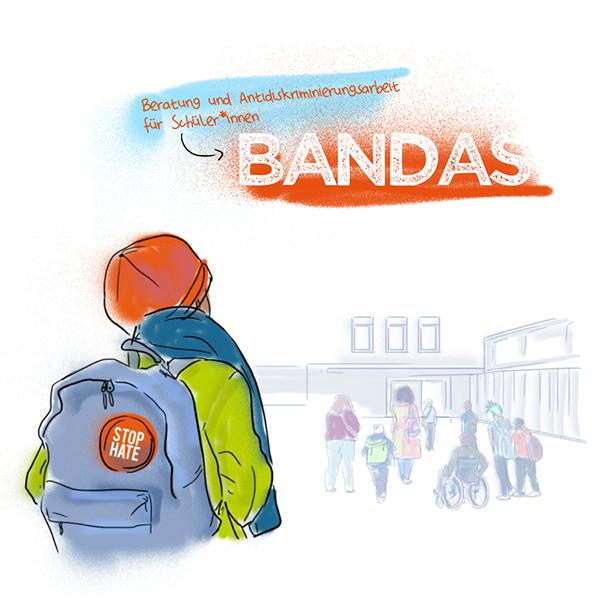 Diskriminierungsschutz an Schulen - NRW-Landtagswahl 2022 - BANDAS Logo Schulgebäude und Schüler